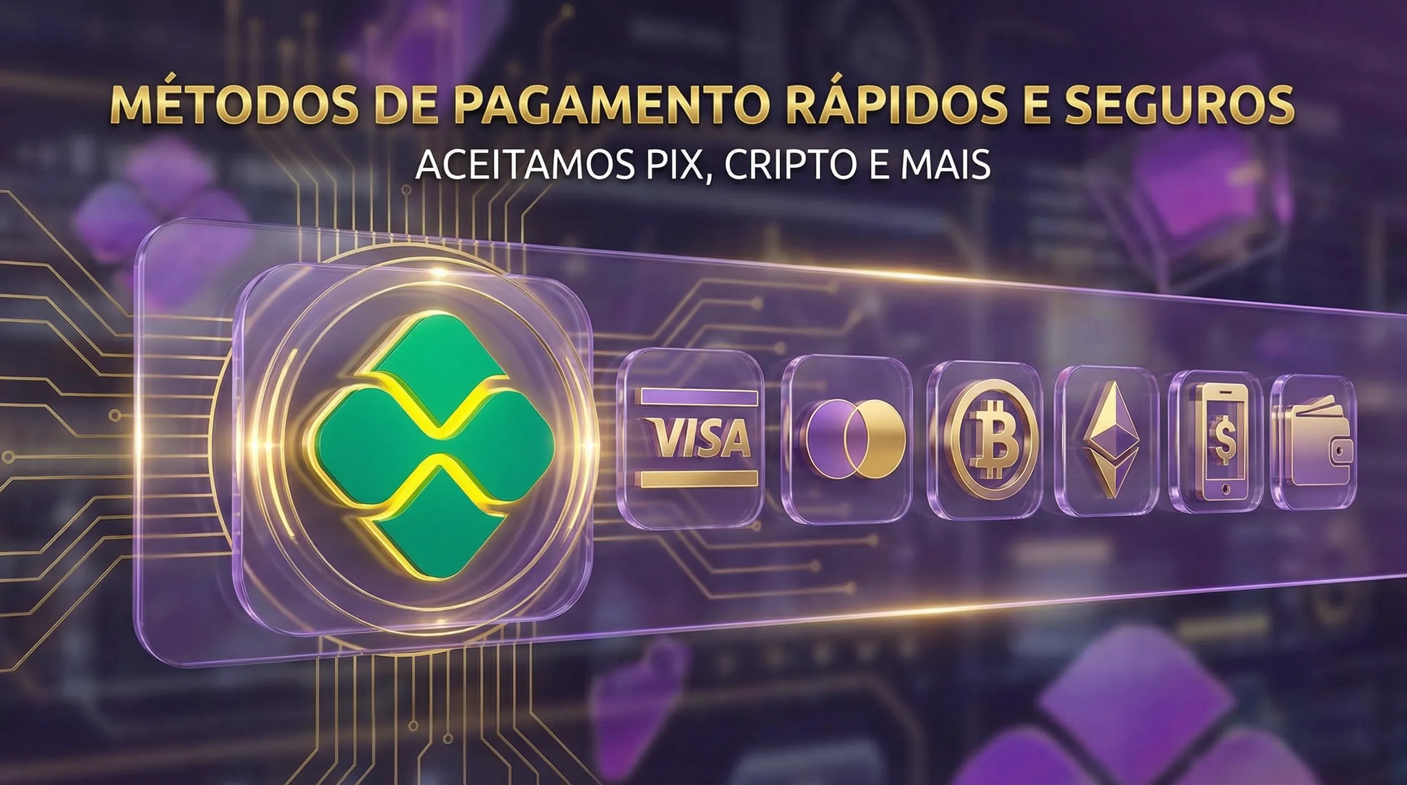 Métodos de pagamento aceitos: PIX, Visa, Mastercard, Bitcoin, Ethereum